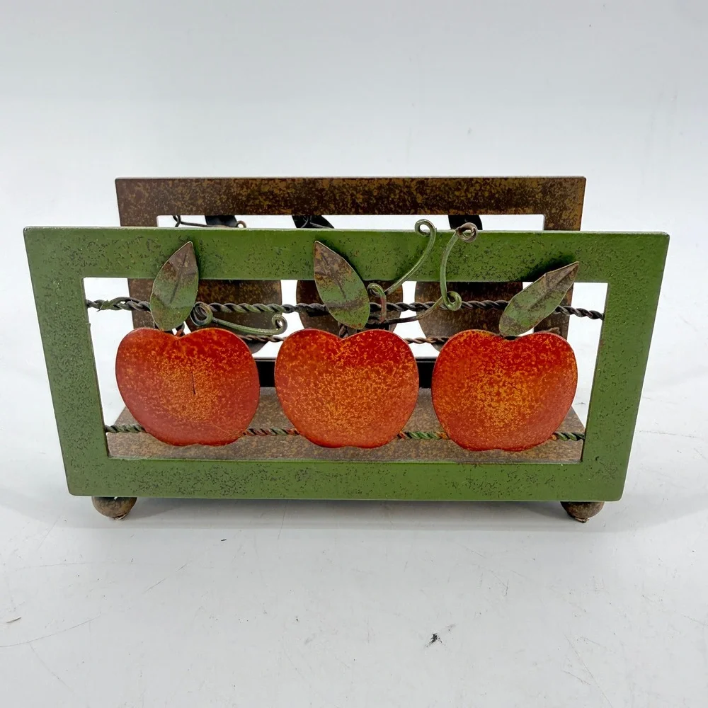 Metal Napkin Holder VTG 80 90 Red Apple Rustic Farmhouse Decor 2 5/8